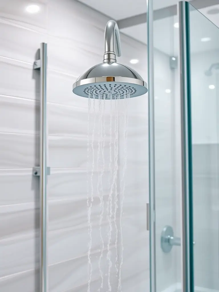 A close-up of the Outdoor Shower Fixture, highlighting its modern design and durable construction, set against a lush poolside backdrop.
