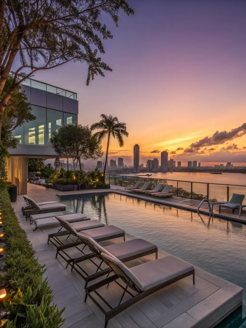 A luxurious rooftop pool with panoramic city views at sunset, showcasing its sleek design and integrated lighting.