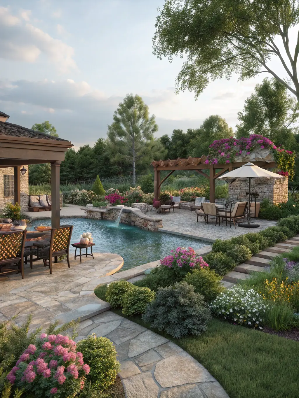 A stunning bespoke poolscape design with elegant water features, highlighting Estrella Design's pool design expertise.